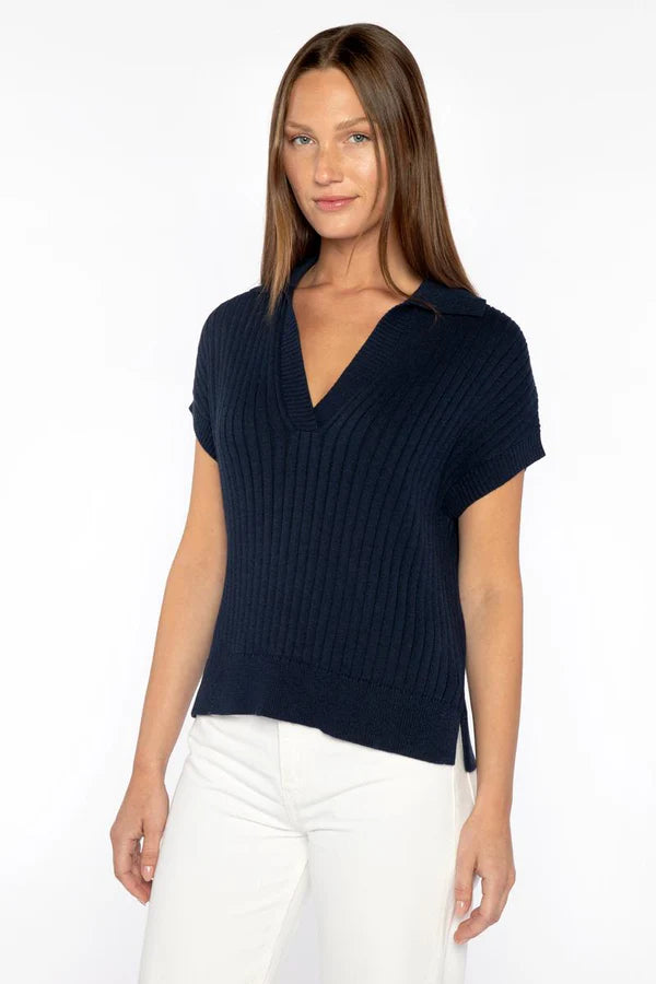 Rib Cap Sleeve Polo Sweater