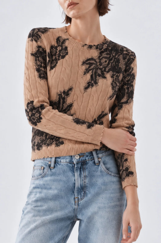 CASHMERE PRINTED LACE CABEL CREW NECK - Tulips Little Pop Up Shop