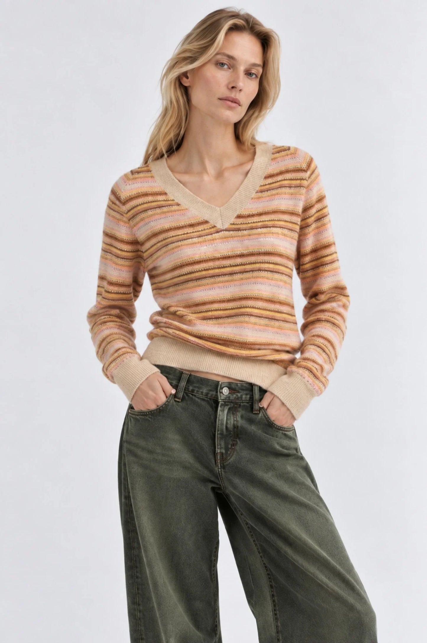 STRIPED LONG SLEEVE RAGLAN V-NECK