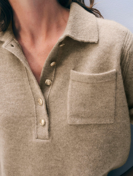 Gold Button Cashmere Polo Sweater