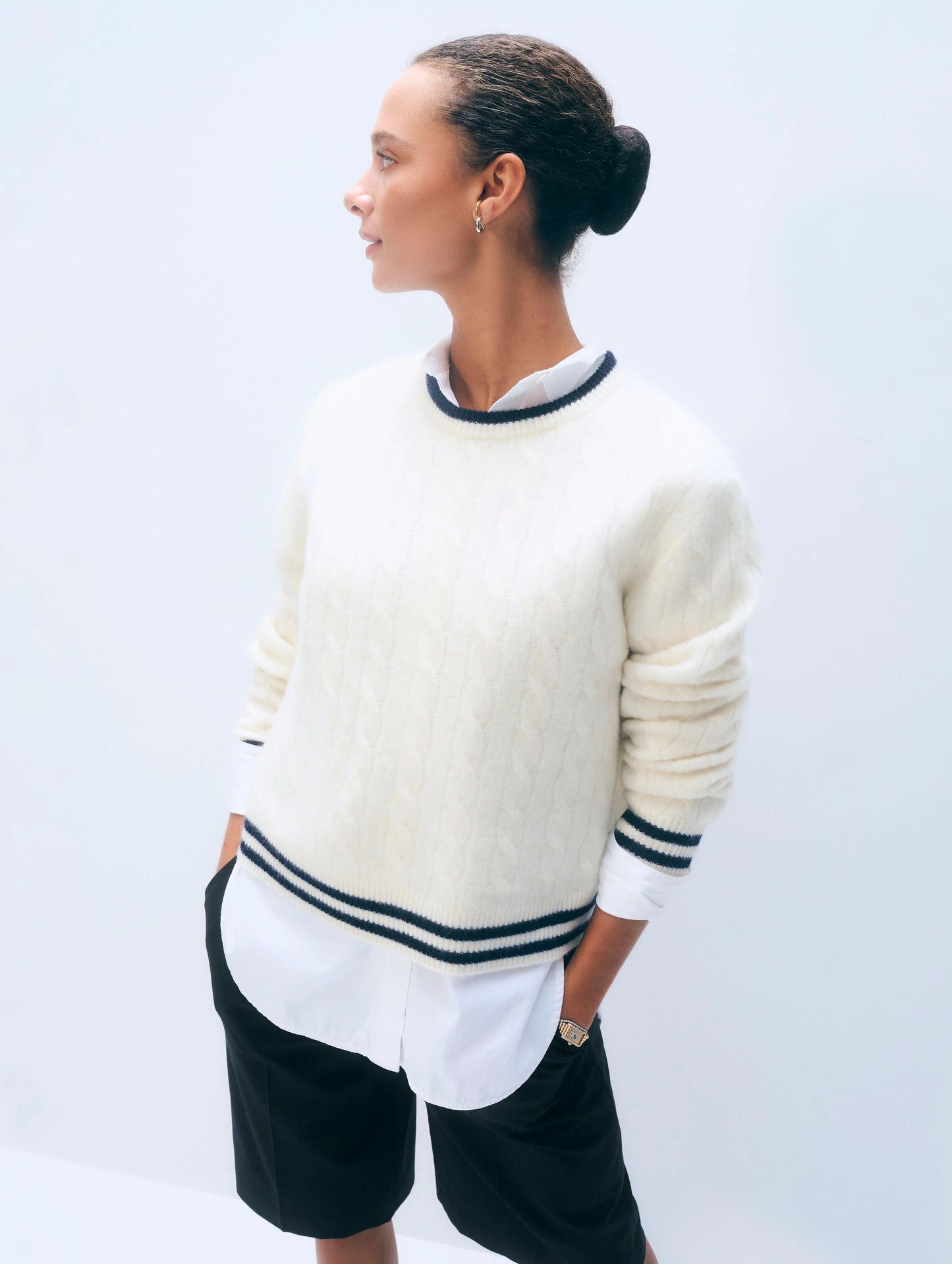 Cashmere Varsity Cable Crewneck